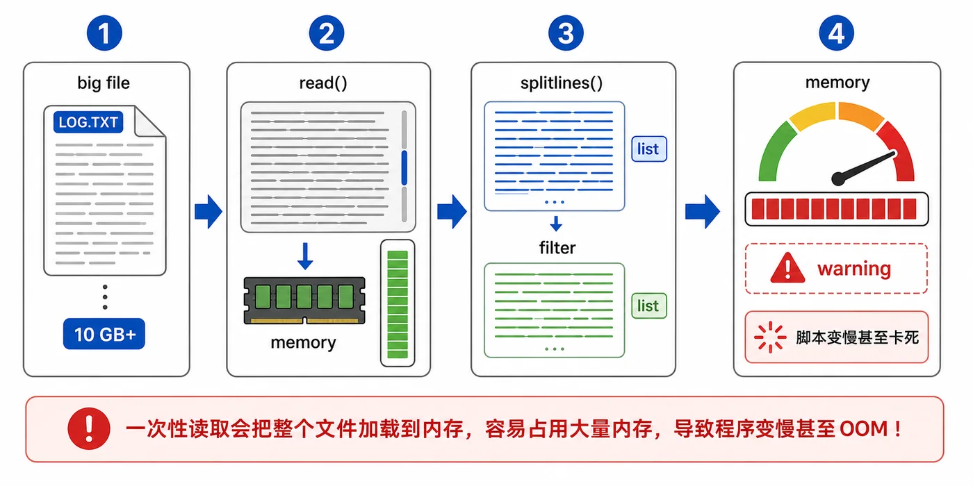 Python 一次性读取大文件导致内存占用叠加的逻辑图