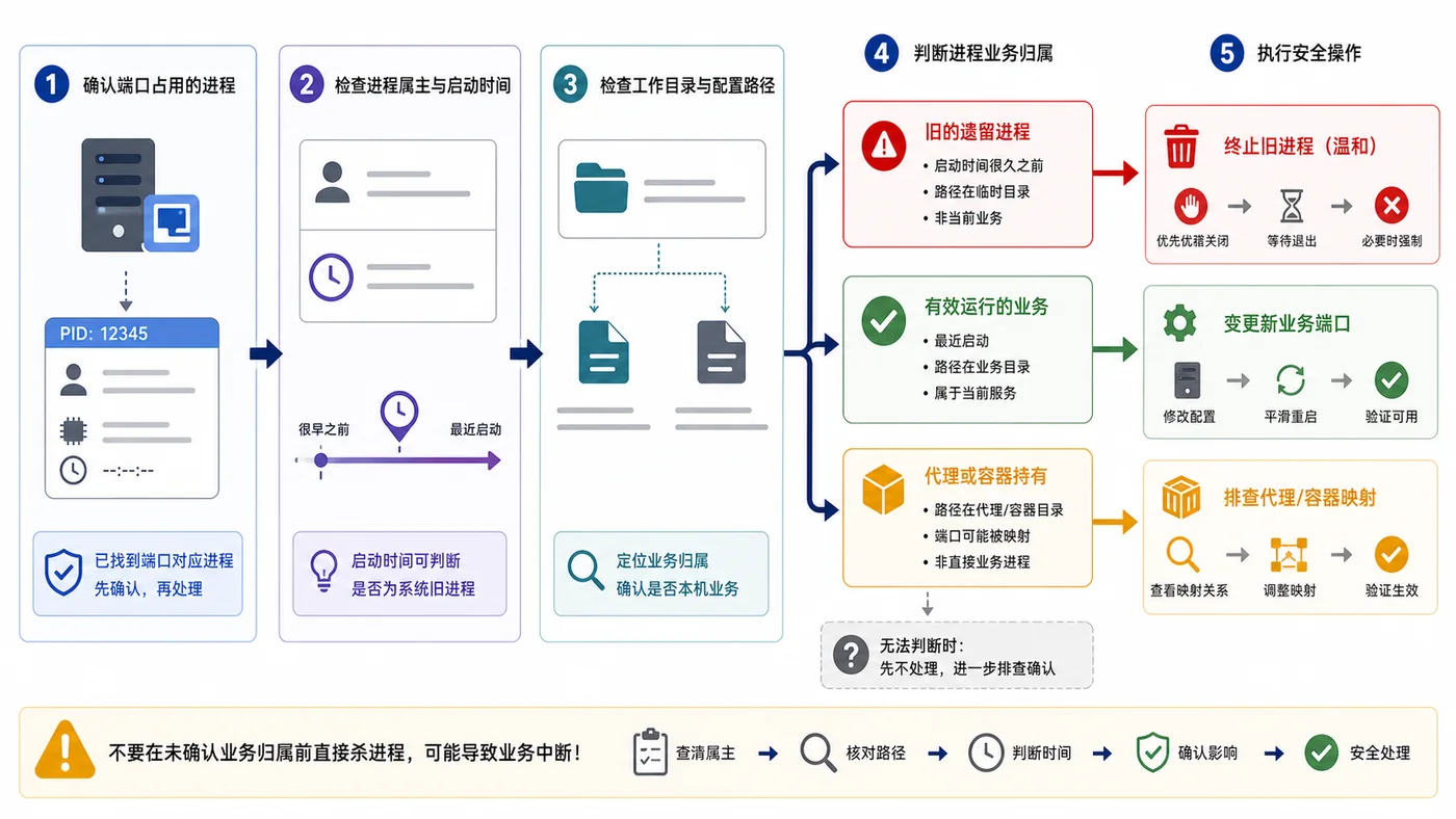 Linux 端口占用处理决策路径:确认 PID 后核对启动命令、业务归属,再选择停止旧进程或修改端口