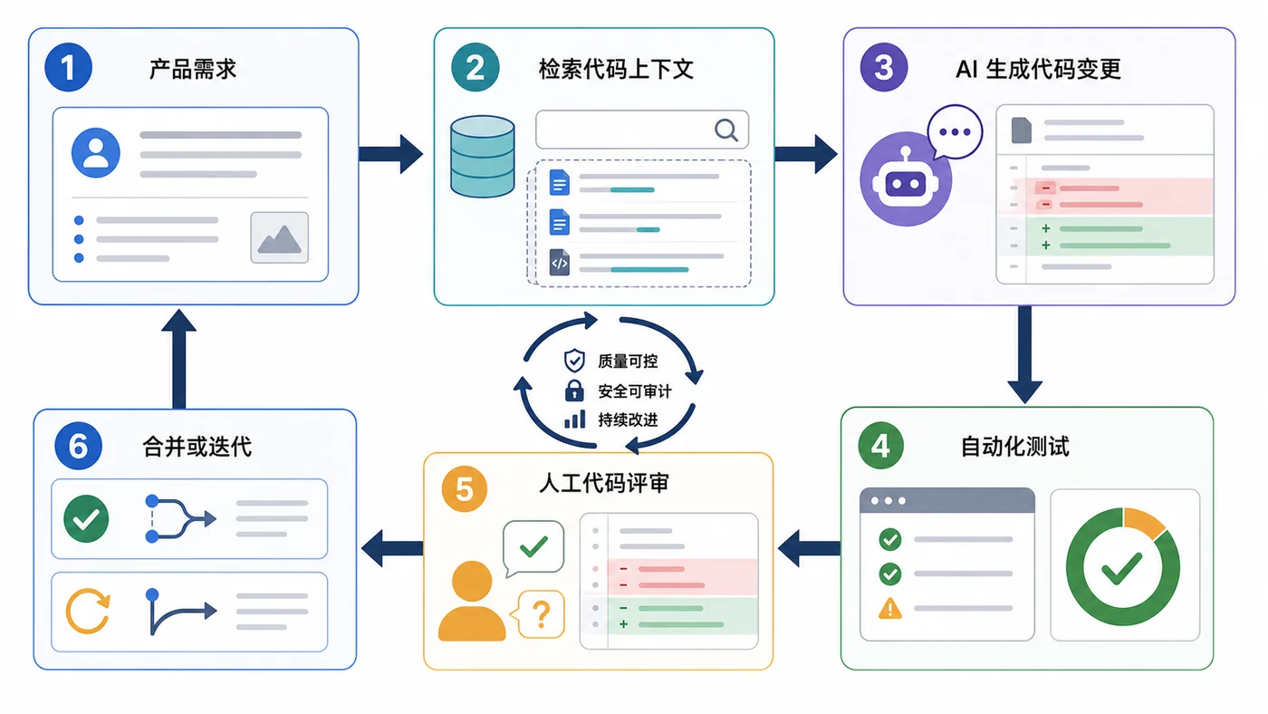 AI 编程代理进入研发流程示意:需求输入、上下文检索、生成变更、测试验证、代码审查和人工确认形成闭环