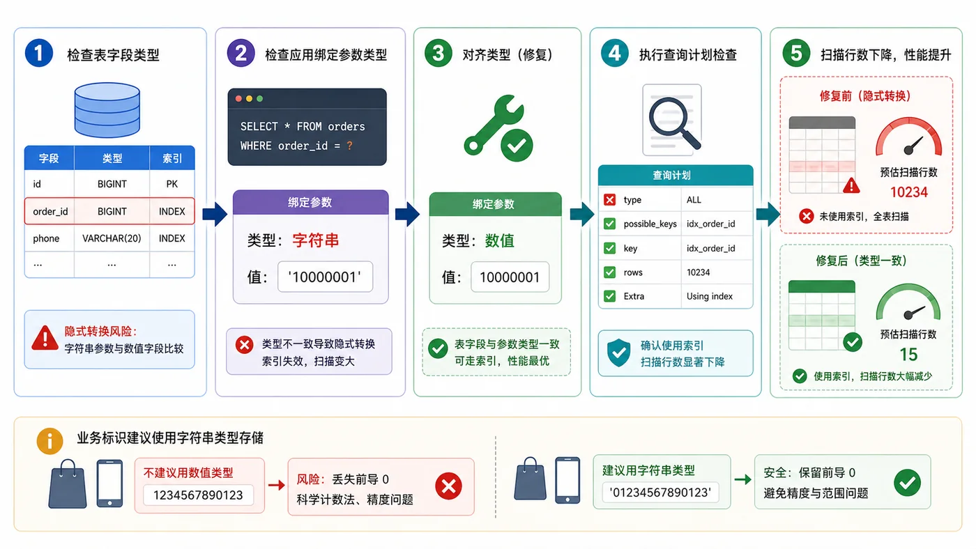 MySQL 隐式转换修复路径:检查字段类型、统一参数绑定、重建错误字段类型并通过执行计划确认扫描行数下降
