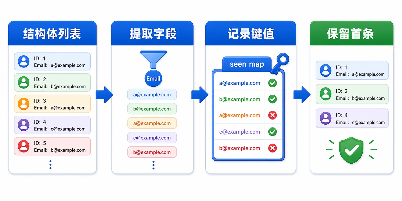Go 结构体列表按字段提取键值记录并保留首条的去重流程