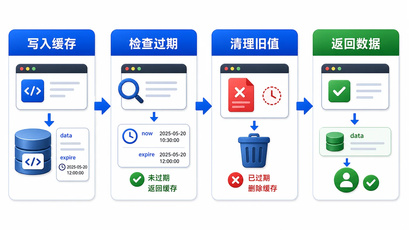 前端 localStorage 写入缓存后检查过期清理旧值并返回数据的生命周期