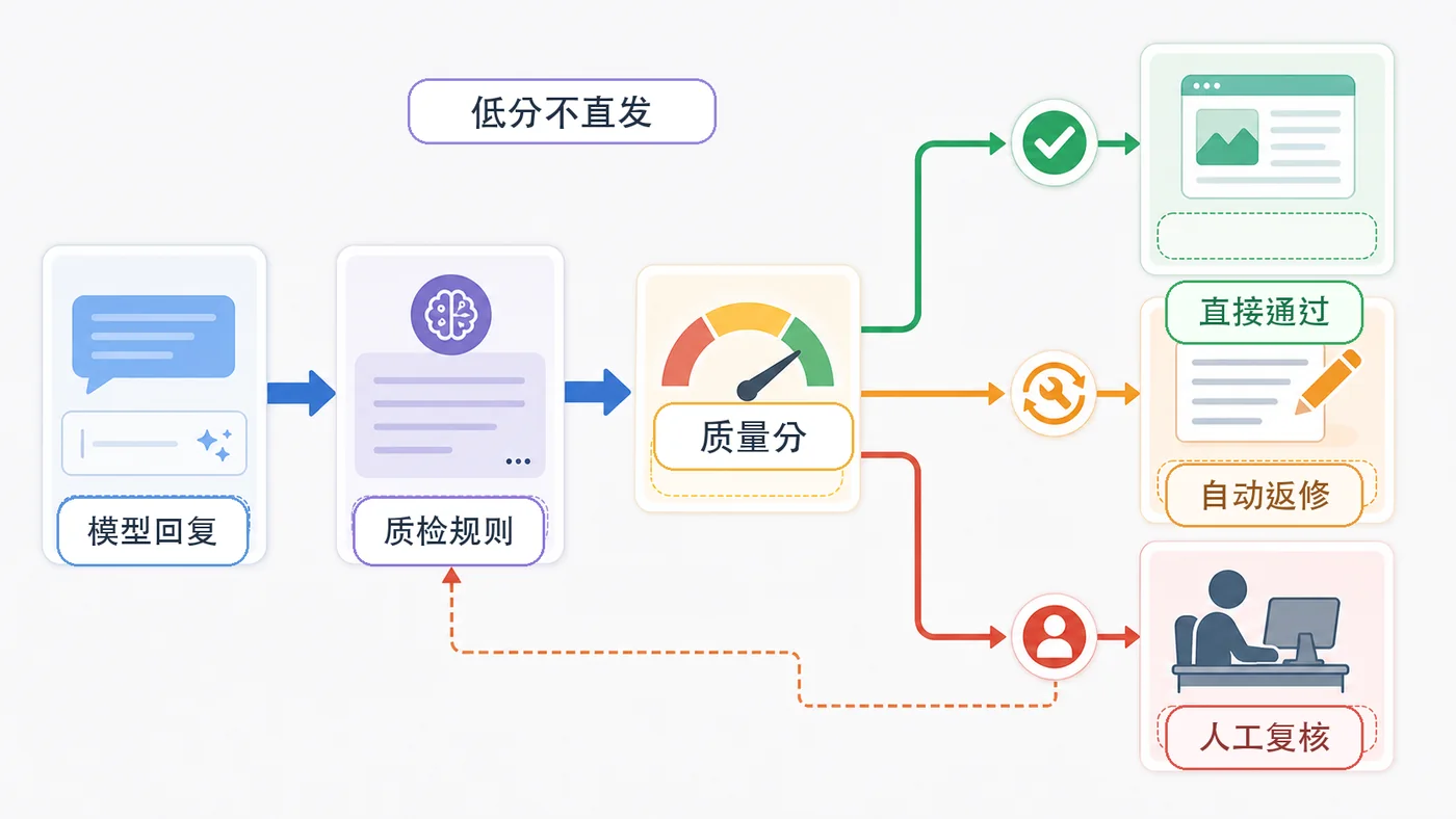 AI 回复经过质量分门控后直接通过自动返修或进入人工复核的决策路径