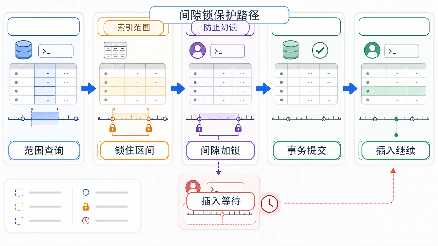 MySQL 范围查询锁住索引区间后插入等待直到事务提交再继续的间隙锁保护路径