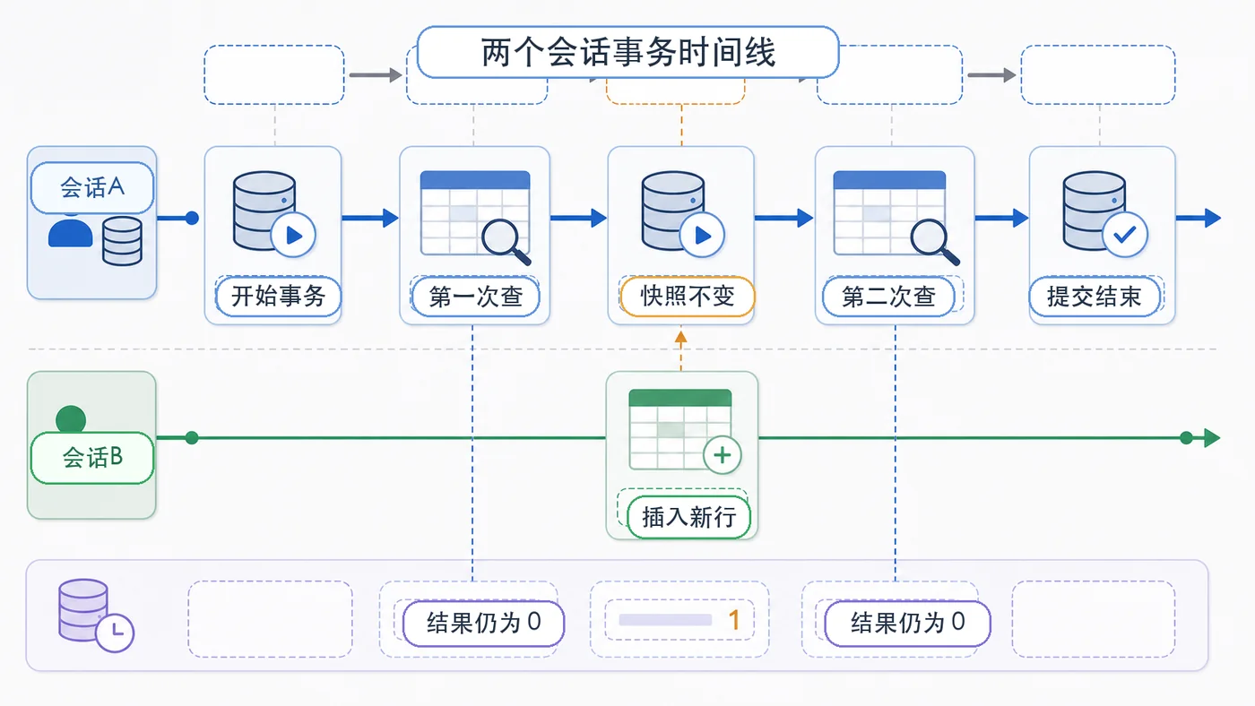 MySQL 两个会话事务时间线中会话B插入新行后会话A快照读结果仍为0