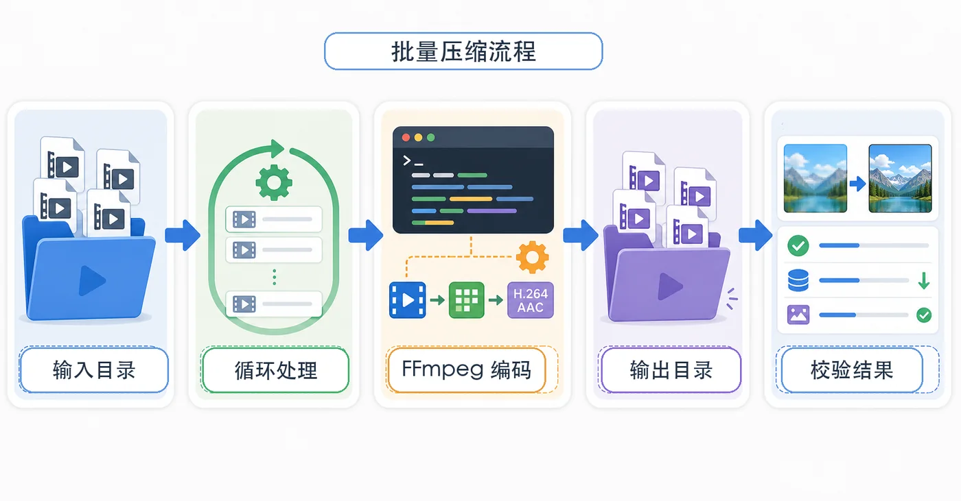 FFmpeg 从输入目录循环处理到编码输出目录并校验结果的批量压缩流程