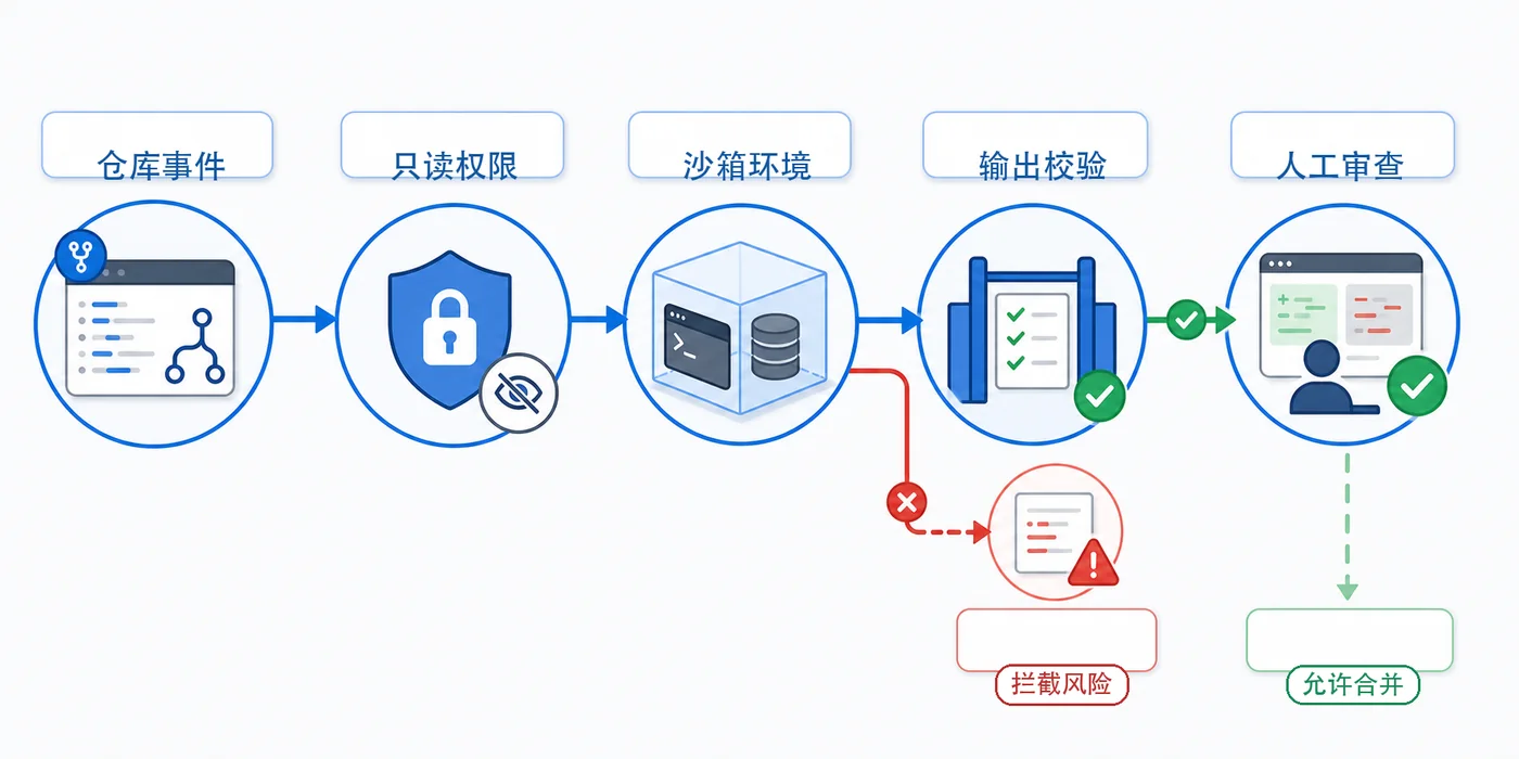 GitHub Agentic Workflows 默认只读沙箱输出校验和人工审查的安全流程图
