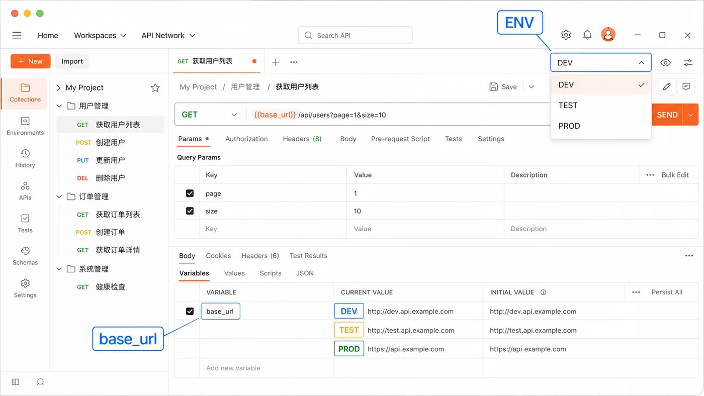 Postman 环境变量界面中切换 ENV 并配置 base_url 的示意图