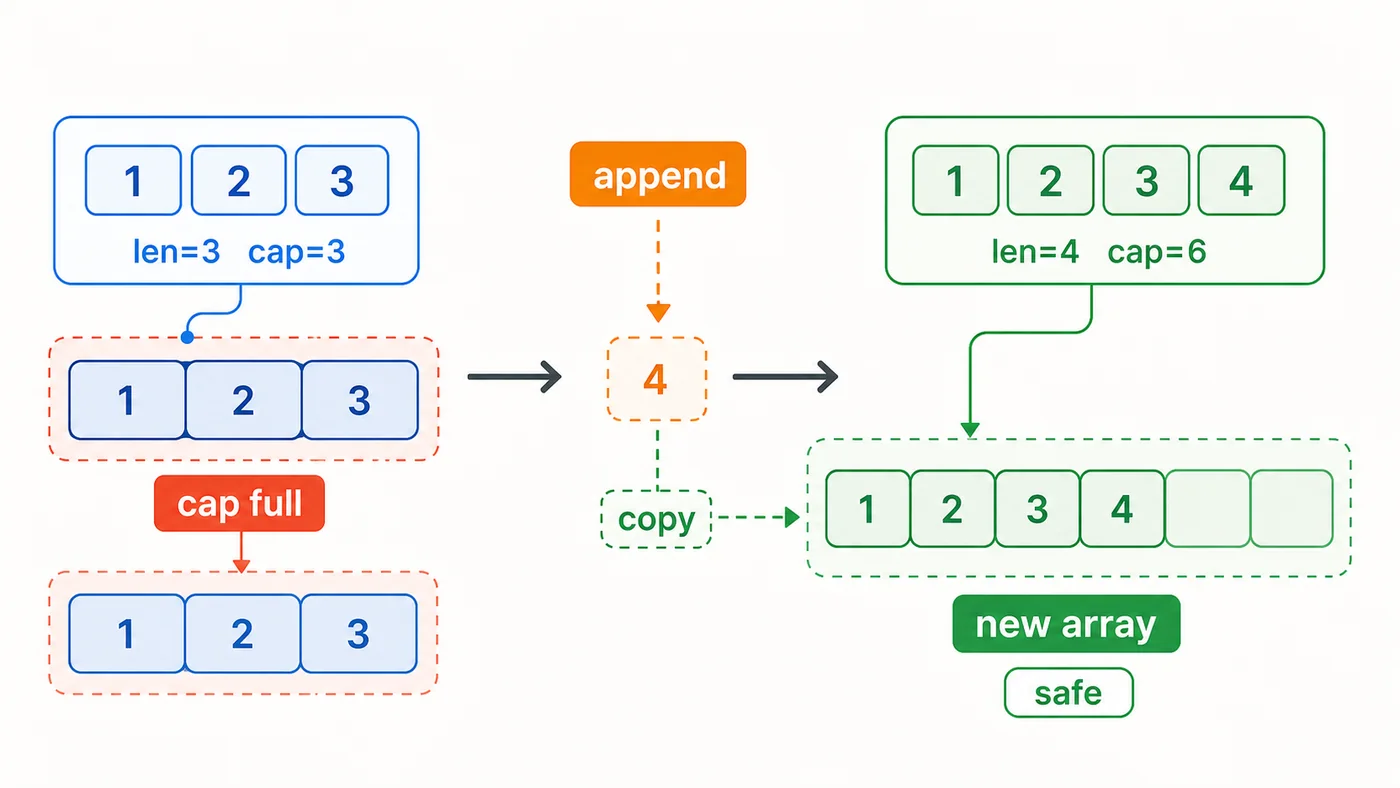 Go slice append 在 cap 满时复制到新底层数组的示意图