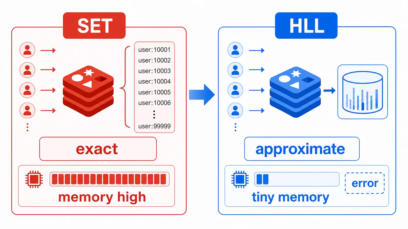 Redis Set 精确去重与 HyperLogLog 近似 UV 统计的内存对比图