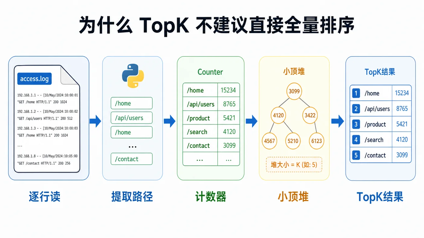 Python 日志 TopK 统计流程：逐行读取、提取路径、计数器聚合、小顶堆筛选、输出高频接口