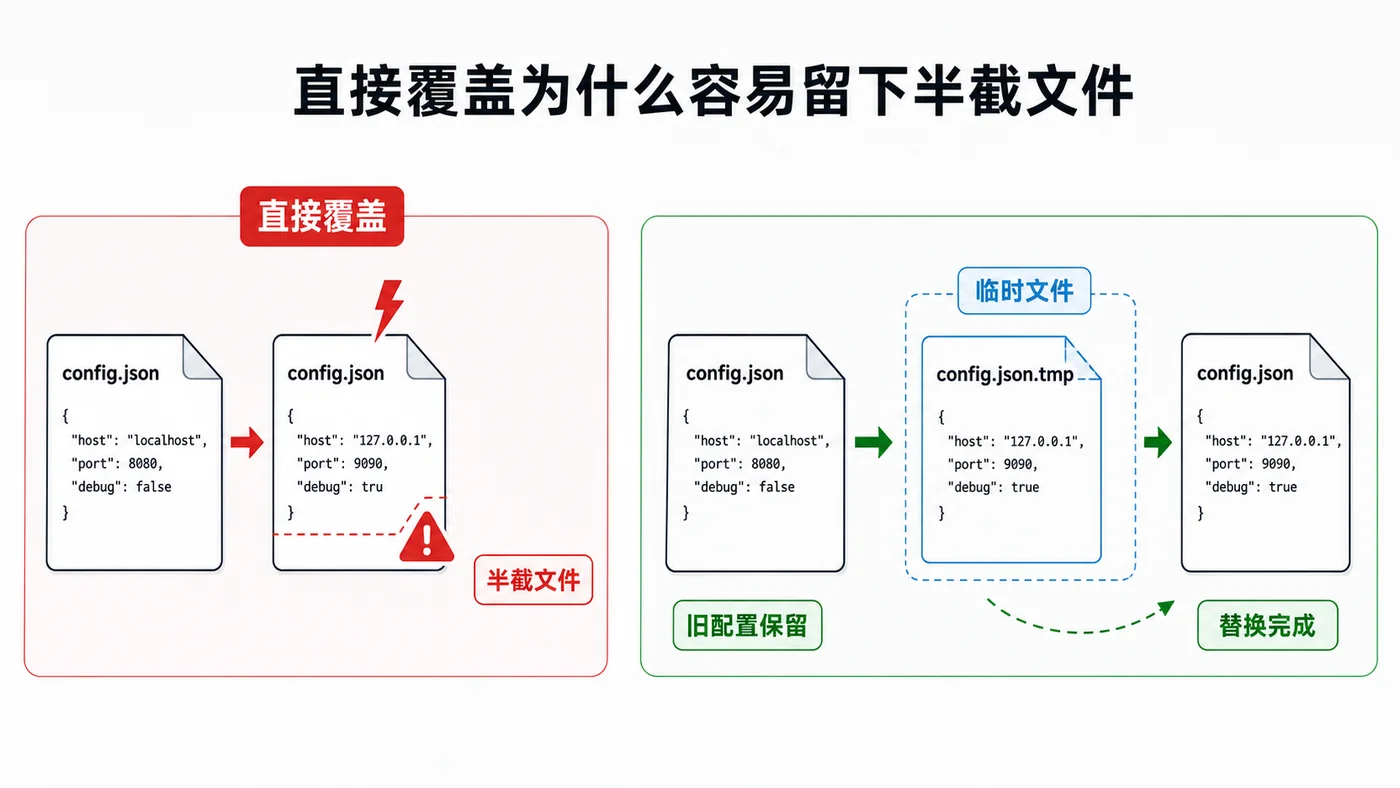 Python 配置文件写入对比:直接覆盖可能产生半截文件,原子写入先保留旧配置再替换成新配置