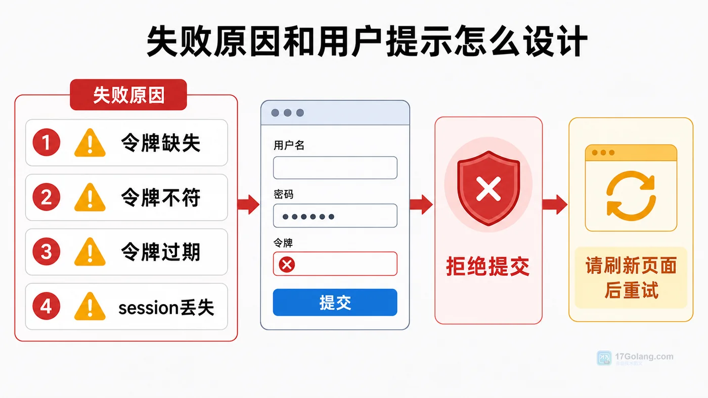PHP CSRF 校验失败原因：令牌缺失、令牌不匹配、令牌过期、session 丢失、拒绝提交