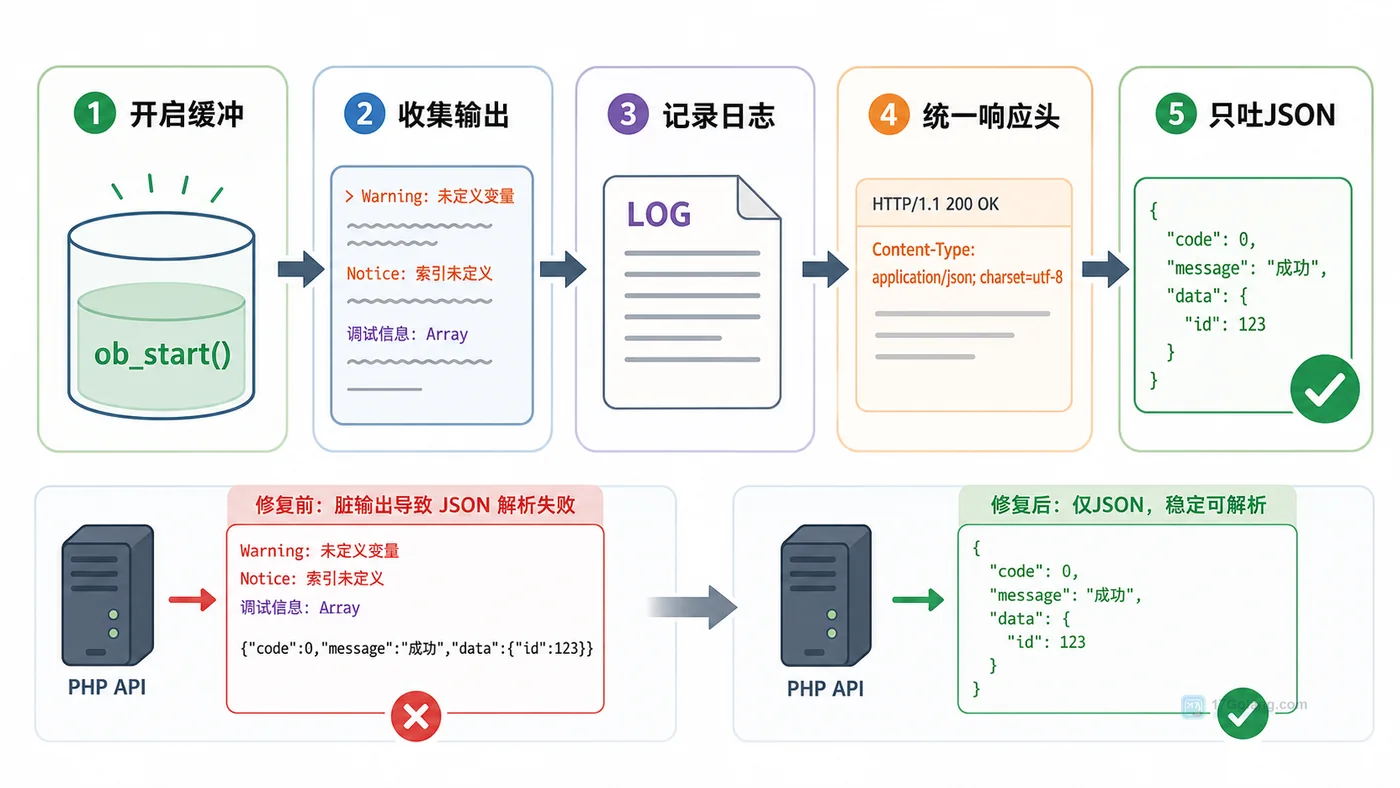 PHP 统一 JSON 出口和输出缓冲兜底流程图,展示开始缓冲、捕获脏输出、记录日志、统一返回和验证成功