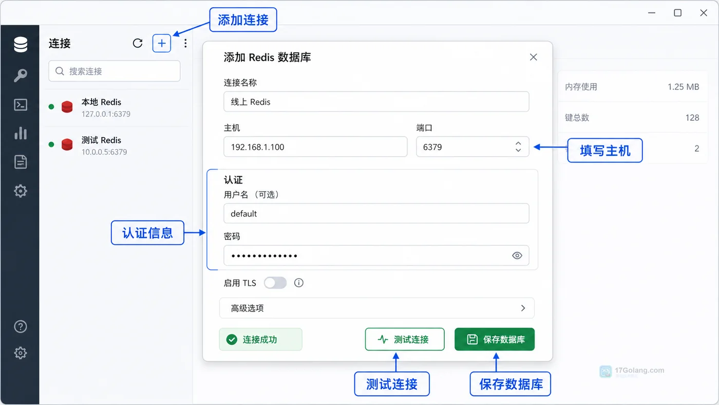 RedisInsight 添加 Redis 连接界面示意图,展示填写名称、主机、端口、认证和测试连接的操作流程