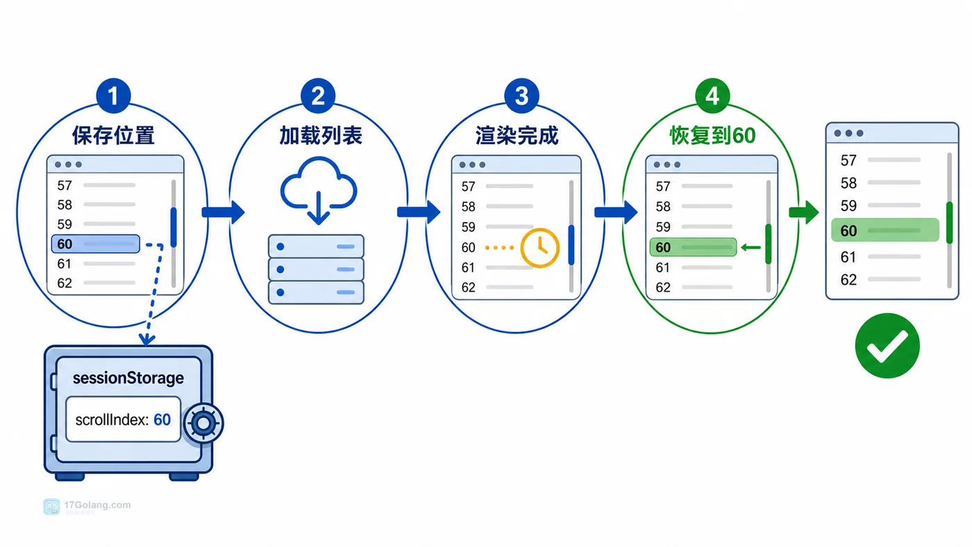 滚动位置恢复方案：保存位置、加载列表、渲染完成、恢复滚动