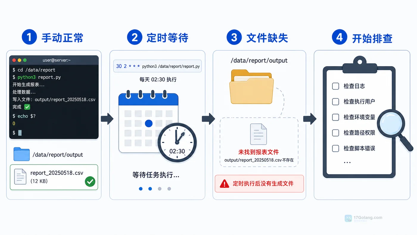 Linux crontab 定时任务问题现场:手动运行正常、定时无结果、开始排查