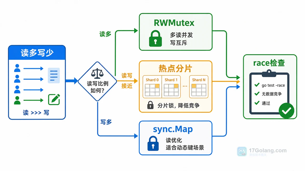 Go map 并发安全方案 RWMutex 分片 map sync.Map 选择流程图