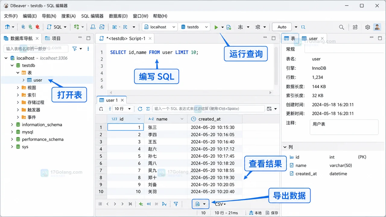 DBeaver SQL 编辑器界面：打开表、编写 SQL、运行查询、查看结果和导出数据