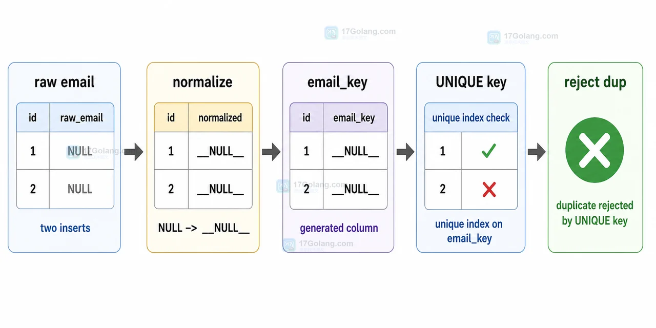 MySQL 通过生成列把 NULL 归一化到 email_key 后再用唯一索引拒绝重复空值