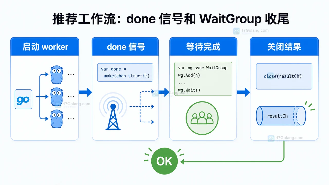 Go 并发收尾流程:启动 worker、done 信号、等待完成、关闭结果通道