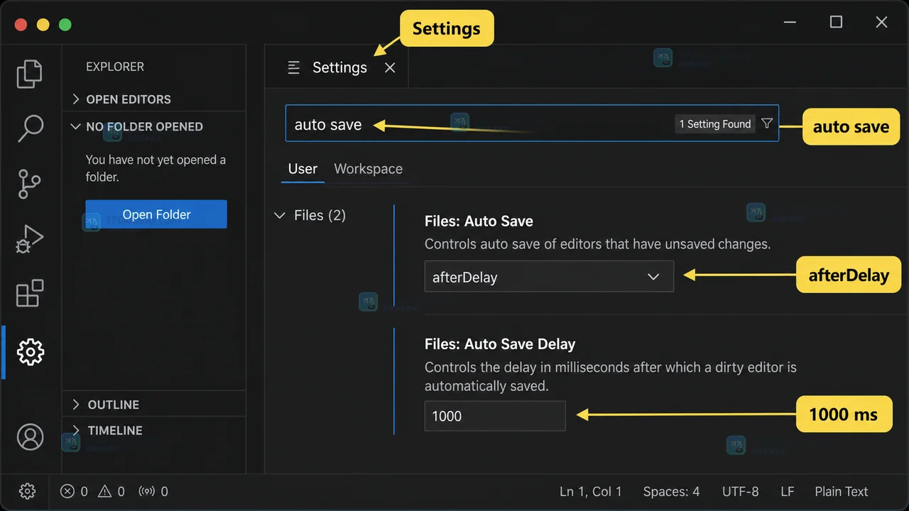 VS Code 设置界面搜索 auto save 并选择 afterDelay 与 1000 ms 延迟