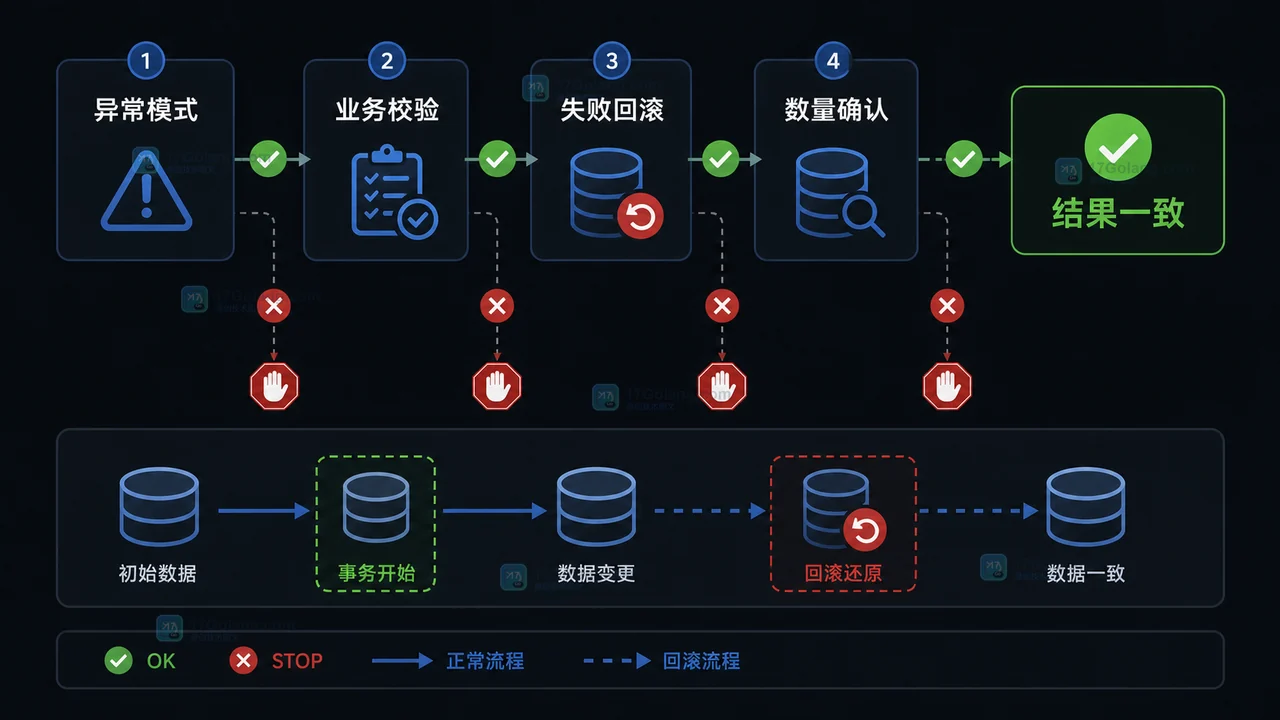 PHP PDO 事务的异常模式、业务校验、失败回滚、数量确认和结果一致检查图