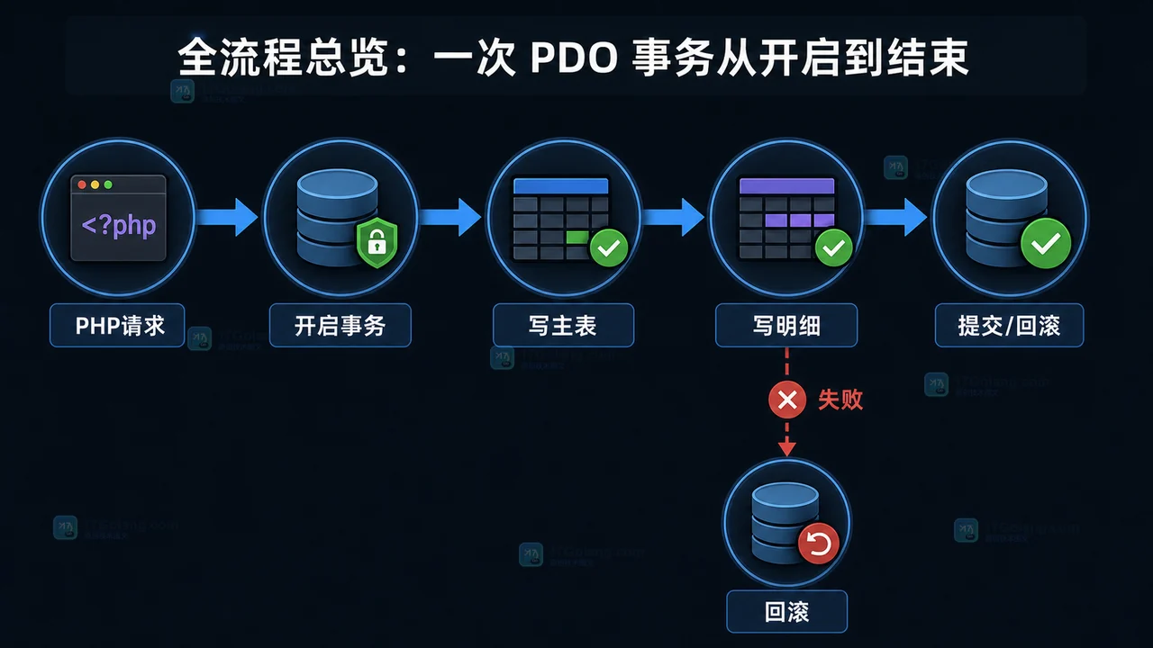 PHP PDO 事务从 PHP 请求、开启事务、写主表、写明细到提交或回滚的流程图