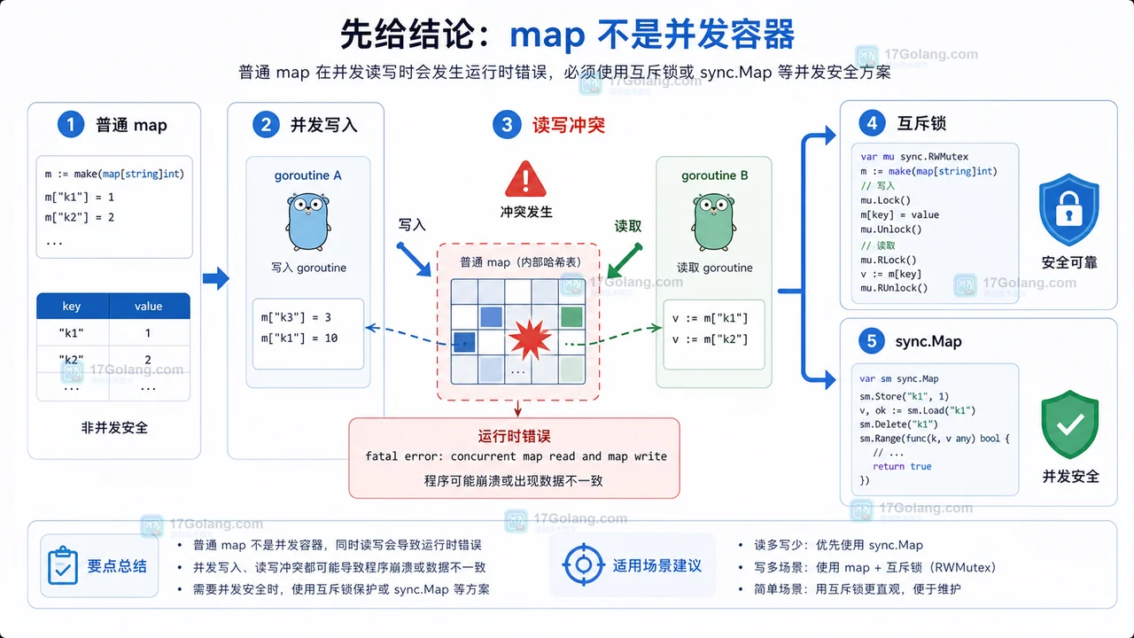 Go 普通 map 并发读写从问题到修复的路径图