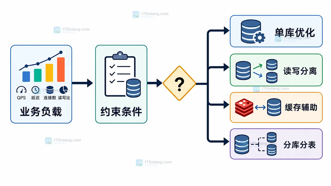 MySQL 架构决策图，从业务负载到约束条件再到单库、读写分离和分库分表选择