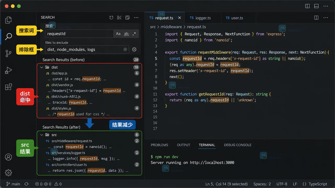VS Code 搜索面板排除输入框排查图