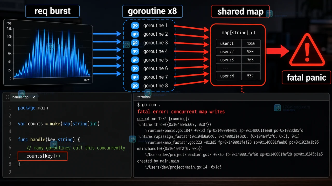 Go map 并发写 panic 的研发现场：请求、多个 goroutine、共享 map 和 fatal 日志