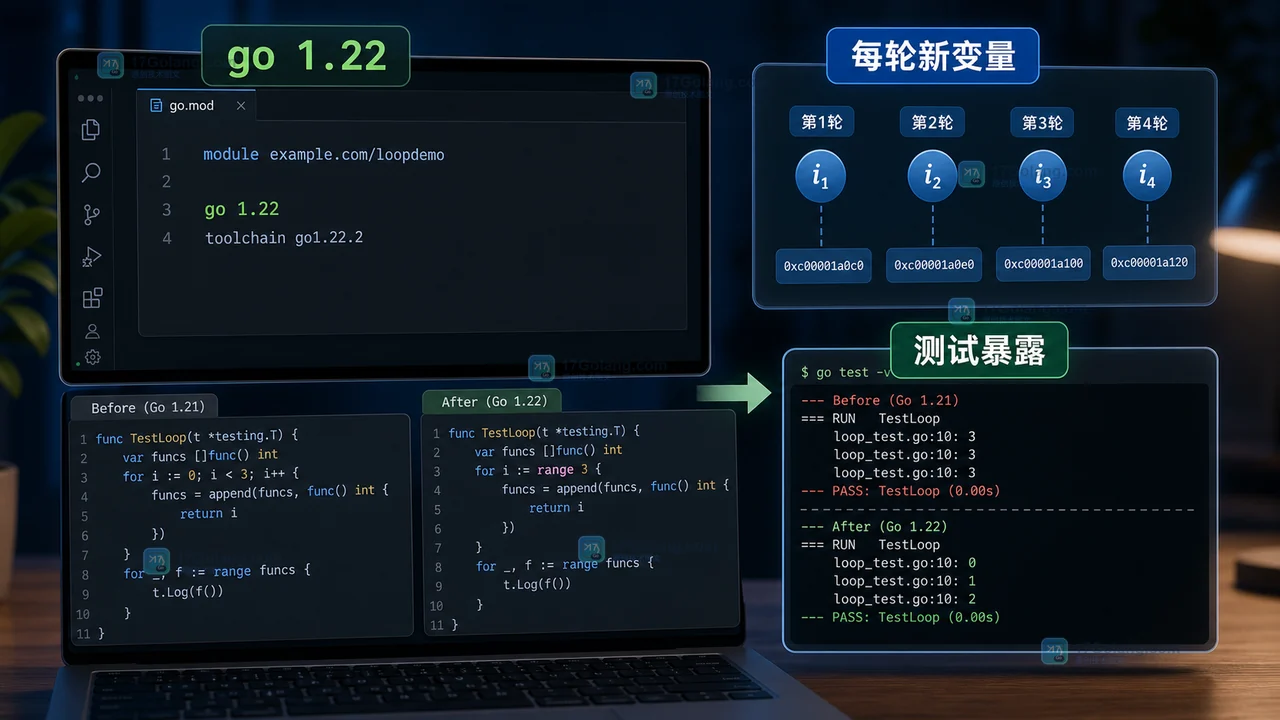 Go 1.22 每轮新变量和测试暴露循环变量差异的工程现场图