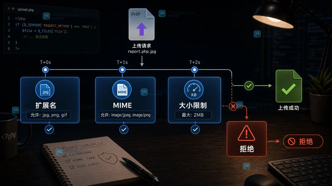PHP 文件上传通过扩展名 MIME 和大小限制拒绝不安全文件