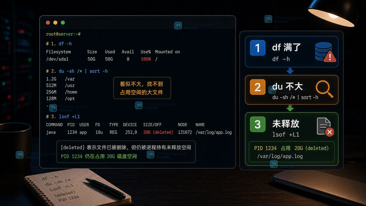 Linux 磁盘满了但 du 找不到大文件：deleted 文件占用空间怎么排查