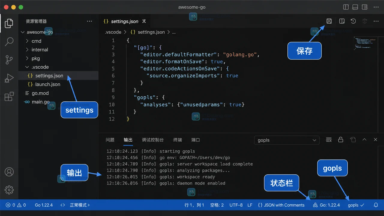 VS Code settings.json 配置 gopls 后通过输出面板和状态栏验证 Go 工具状态