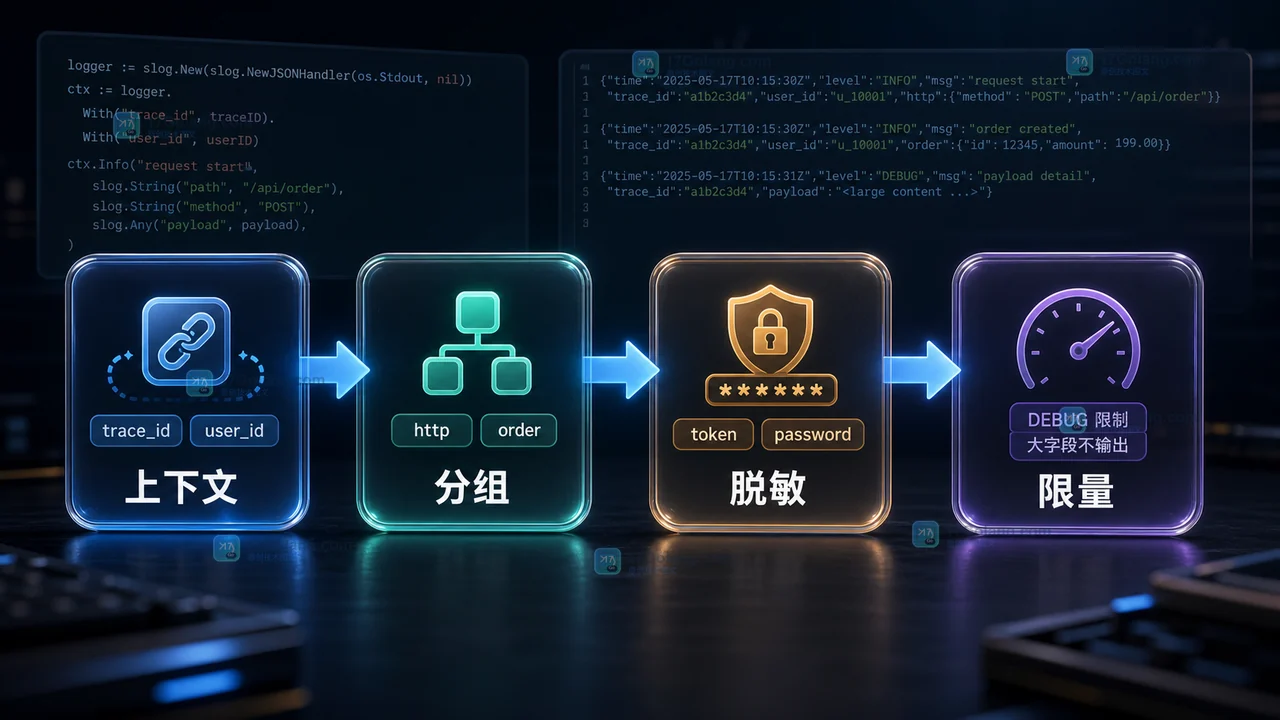 Go slog 字段治理中上下文、分组、脱敏和限量的流程条示意图