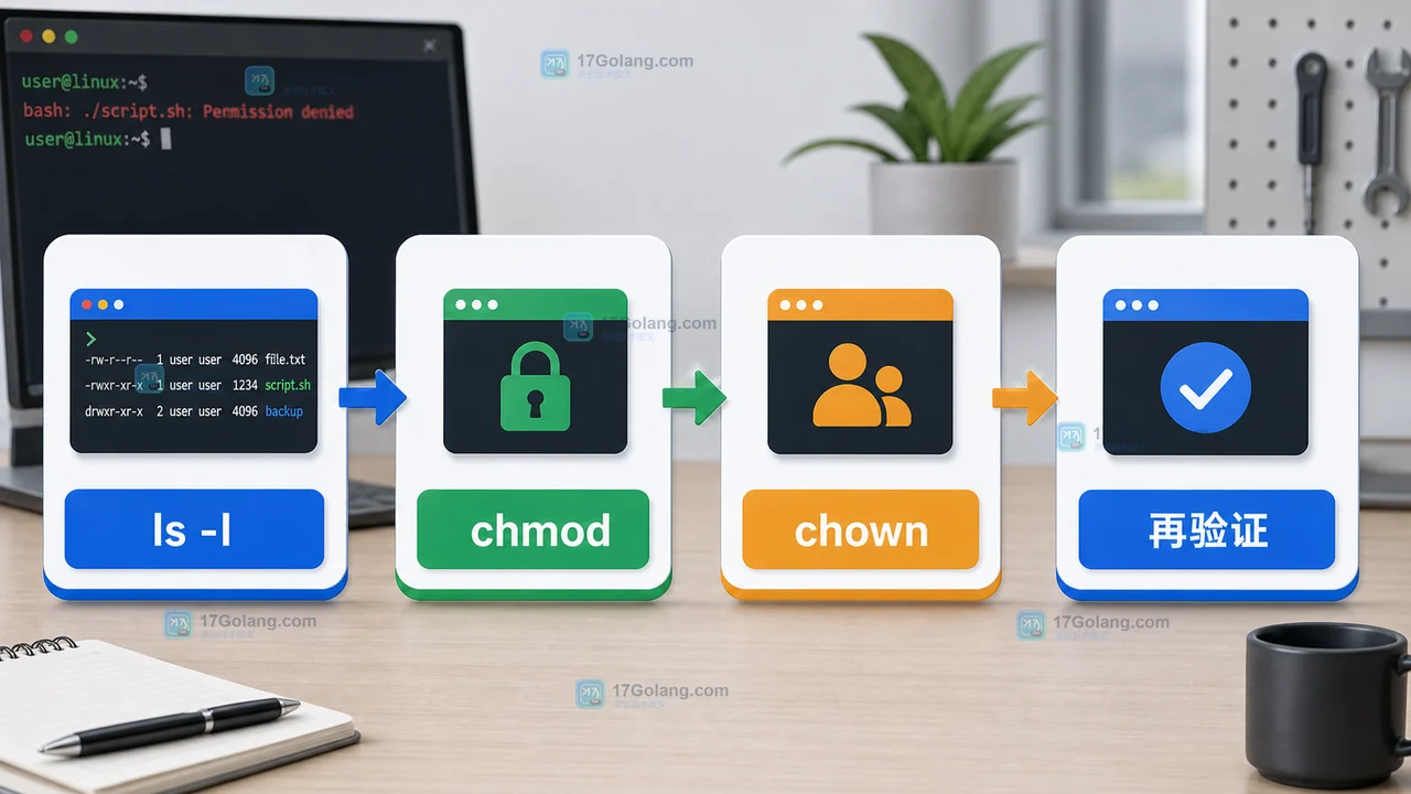 Linux Permission denied 从 ls -l 到 chmod chown 再验证的修复流程