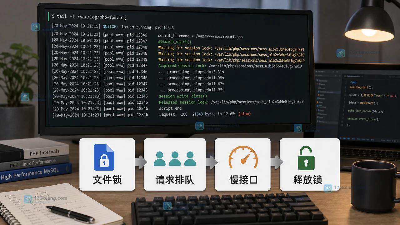 PHP 默认文件会话锁导致同一用户请求排队和慢接口的现场示意