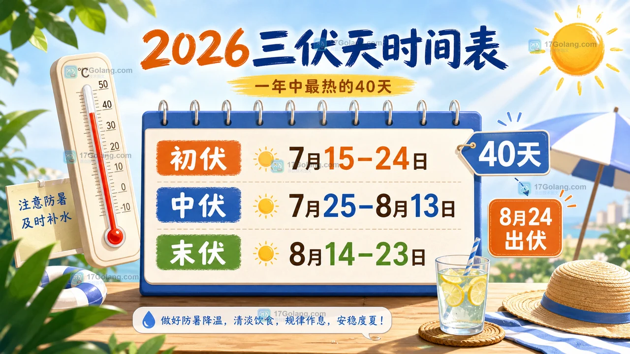 2026年三伏天时间表，展示初伏中伏末伏日期和8月24日出伏