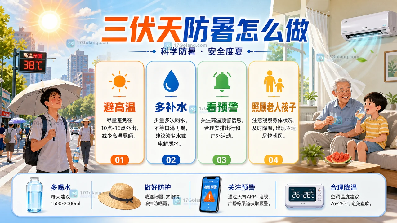 三伏天防暑清单，展示避高温、多补水、看预警和照顾老人孩子
