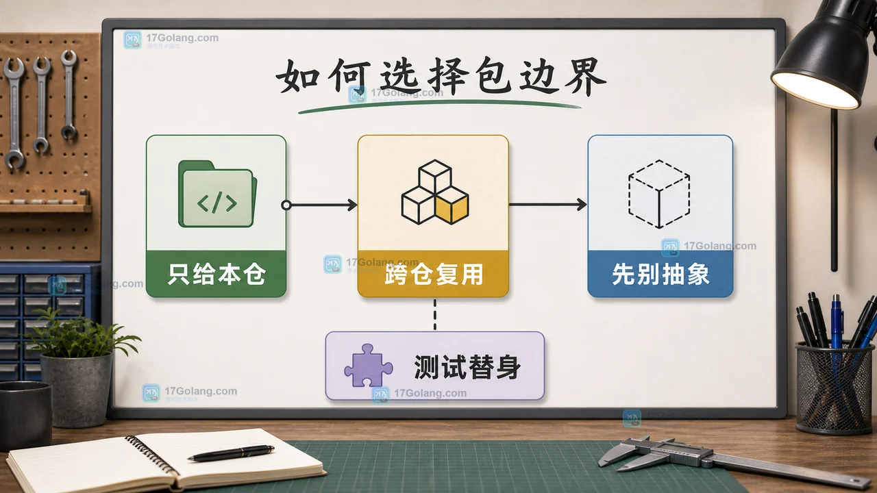 Go internal pkg 普通包边界选择检查板，展示只给本仓、跨仓复用、先别抽象和测试替身