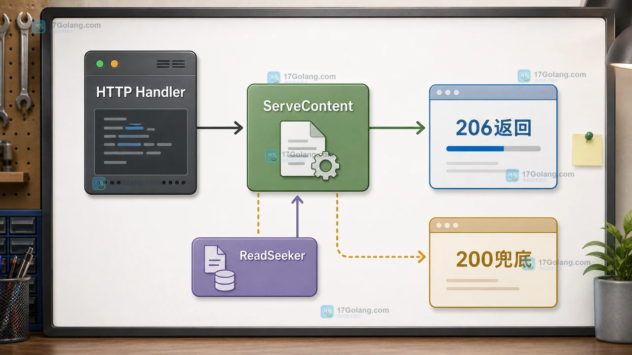 Go http.ServeContent 处理 ReadSeeker 文件，返回 206 片段并保留 200 兜底路径