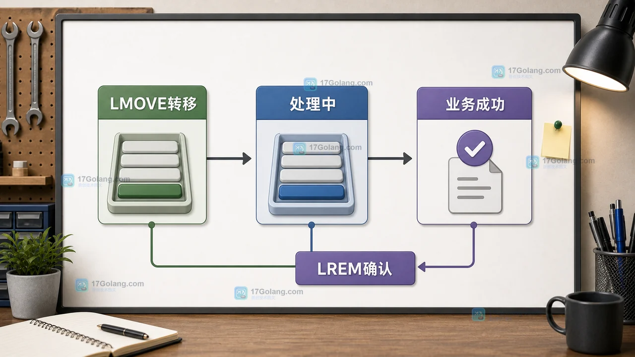 Redis List 使用 LMOVE 将任务转入处理中队列,业务成功后通过 LREM 确认删除的等待链