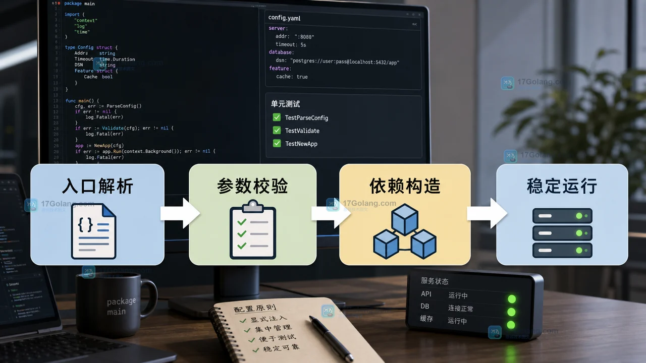 Go 配置在入口解析、参数校验、依赖构造和稳定运行之间流转的流程条