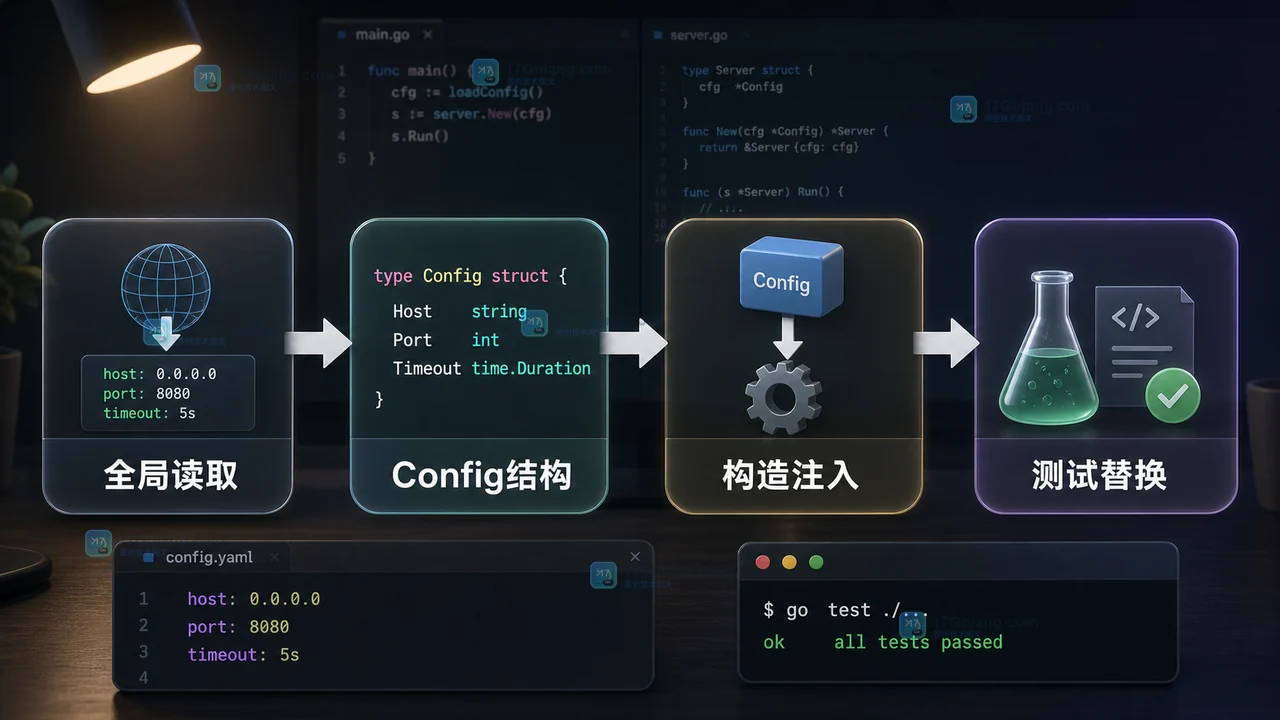Go 全局读取配置改成 Config 结构并通过构造函数注入后便于测试替换的流程图