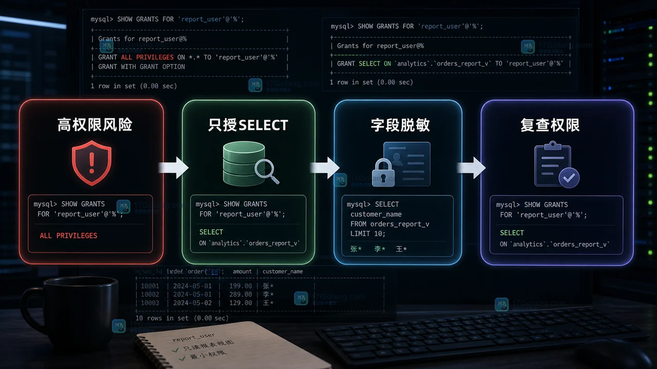 MySQL 从高权限账号收敛到只授 SELECT、字段脱敏和复查权限的授权检查流程