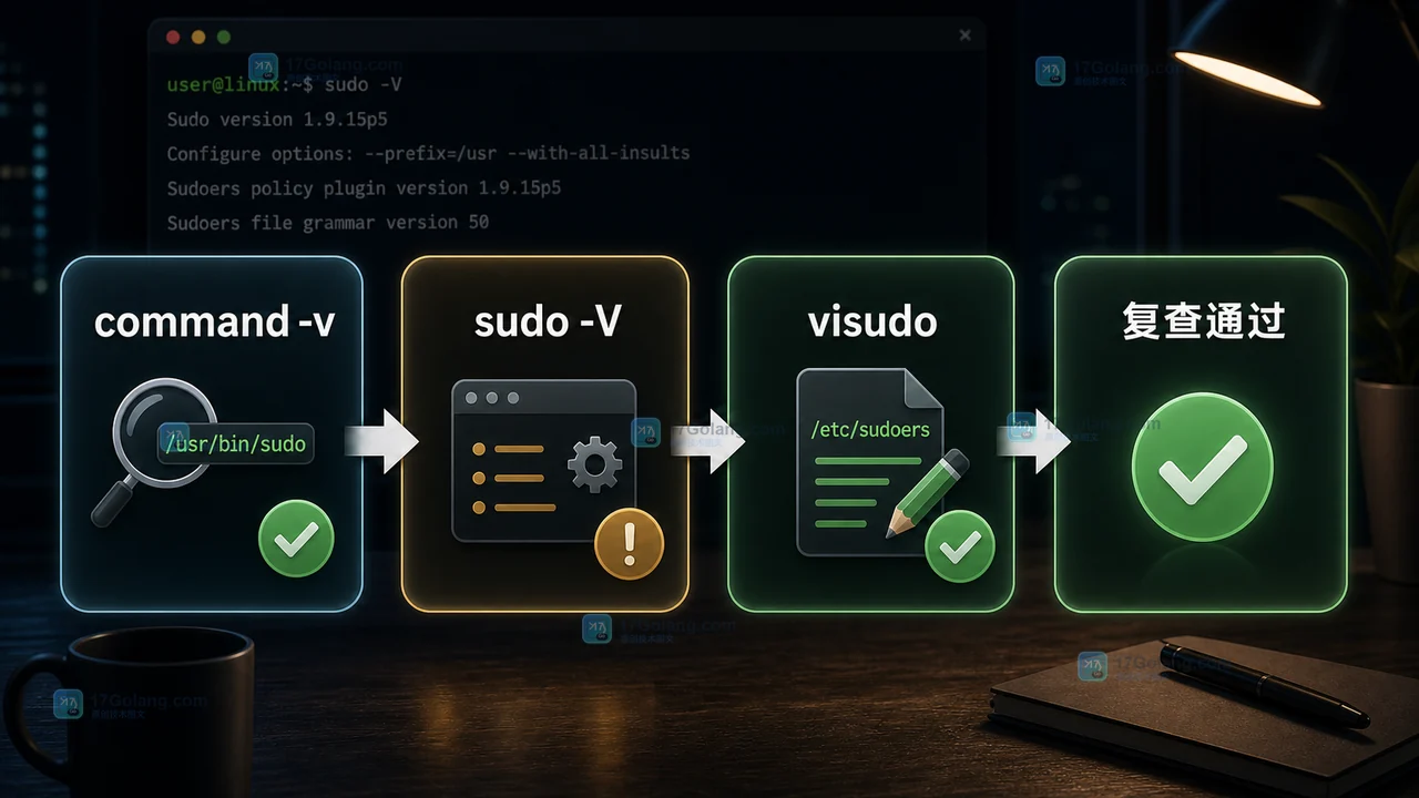 Linux sudo 路径问题按 command -v、sudo -V、visudo 和复查通过逐步验证