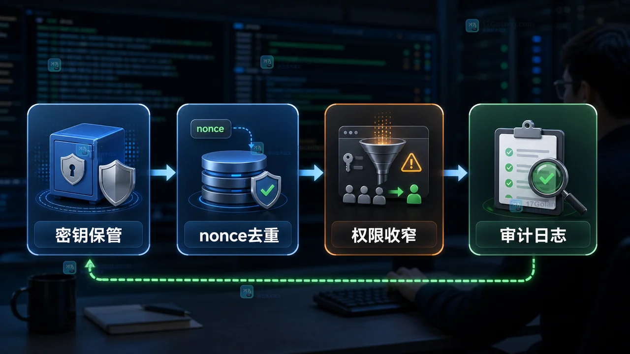 Go 接口签名中密钥保管、nonce 去重、权限收窄和审计日志组成的防护闭环