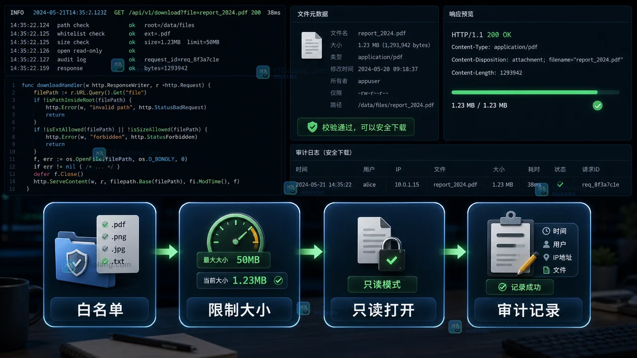 Go 文件下载接口通过白名单、大小限制、只读打开和审计记录完成安全返回